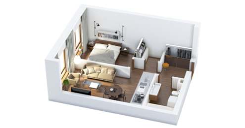 A white room with a bed, a desk, and a chair.