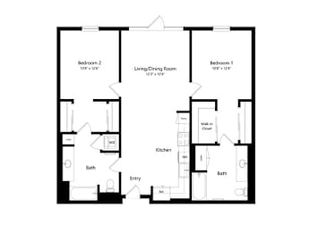 A floor plan of a house with two bedrooms, a living/dining room, a kitchen, two bathrooms, and an entry.
