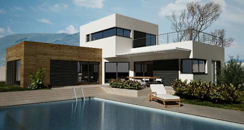 A modern house with a pool in the backyard.