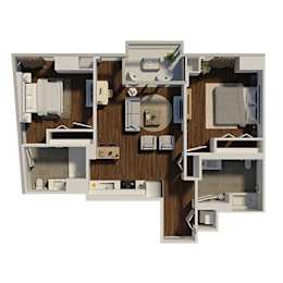 A floor plan of a small apartment with a kitchen, living room, and bathroom.