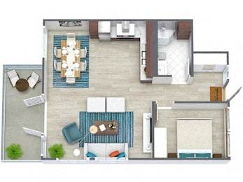 A top-down view of a house interior with a dining table surrounded by chairs, a couch, a kitchen area, and a bathroom.
