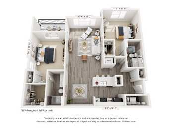 A 3D floor plan of a small apartment with a kitchen, living room, and bedroom.
