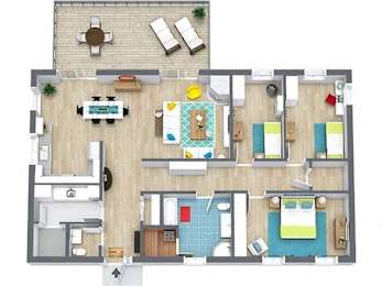 A top-down view of a house layout with a kitchen, living room, and bedrooms.