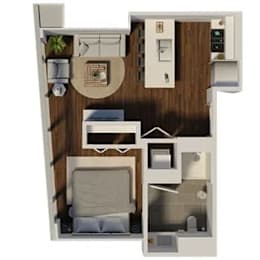 A floor plan of a small apartment with a kitchen, living room, and bathroom.