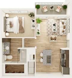 A top-down view of a modern apartment layout with a living room, kitchen, and bathroom.