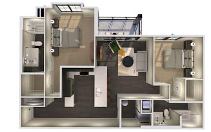 A 3D floor plan of a house with a kitchen, living room, and bathroom.