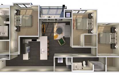 A 3D rendered image of a modern house interior.