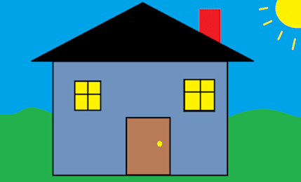 A house with a brown door and two windows is depicted.