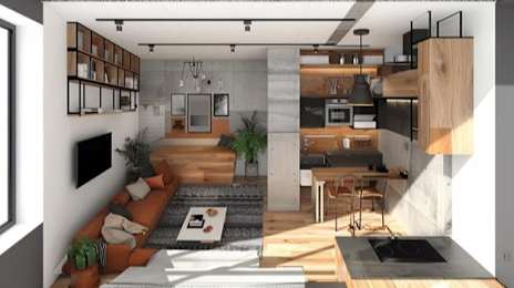 A modern living room with a kitchen area in the background.