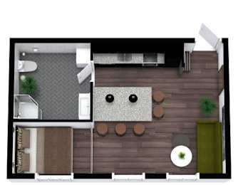 A top-down view of a modern living room with a couch, coffee table, and a rug.