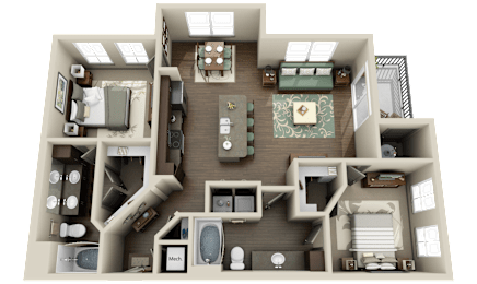 A 3D floor plan of a house with multiple rooms and furniture.