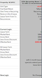 A table compares the current and new logic for calculating effective rent for a property with 10% recurring none 1-12 mth 12 recurrences.