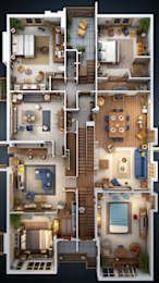 A detailed 3D floor plan of a multi-level apartment.
