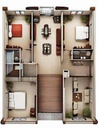 A 3D floor plan of a small apartment with a kitchen, living room, and bathroom.