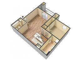 A 3D image of a house layout with a kitchen, living room, and two bedrooms.