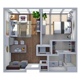 A 3D rendered image of a small apartment layout.
