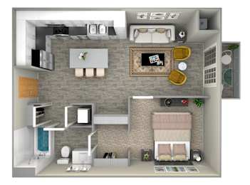 A 3D rendered image of a modern apartment layout.
