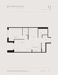 A floor plan of a one bedroom den apartment from Brentcliffe Luxury Rentals.