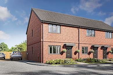 Floor Plan  A red brick house with a black roof and a car parked in front.
