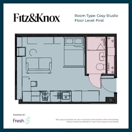 Floor Plan  A floor plan for a studio room managed by Fresh.