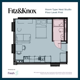 Floor Plan  A floor plan for a Nest Studio room on the first floor.