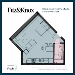 Floor Plan  A floor plan for a room type of Roomy Studio on the first floor level.