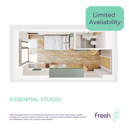 Floor Plan  a rendering of a studio apartment with a bathroom and a living room