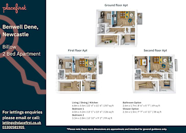 Floor Plan  Apartment living space and dimensions for a 2 Bed Apartment in Benwell Dene, Newcastle.