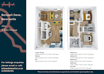 Floor Plan  A real estate listing for a 3 bedroom apartment in Benwell Dene, Newcastle with a floor plan and 3D renderings of the interior.