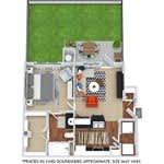 A floor plan of a house with a living room, dining room, kitchen, and two bedrooms.