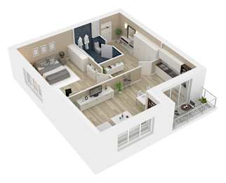 A 3D rendered image of a modern apartment layout.
