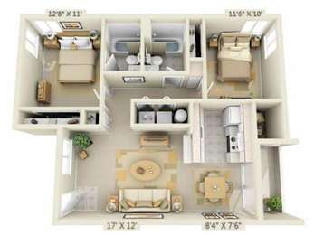 a 3d floor plan of a house with some furniture