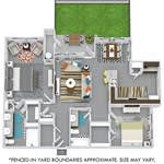 A floor plan of a house with a kitchen, living room, and two bedrooms.