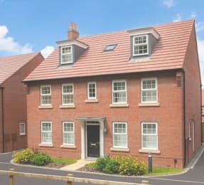 A red brick house with a black door and windows.