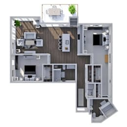 A 3D floor plan of a house with a kitchen, living room, and bedrooms.