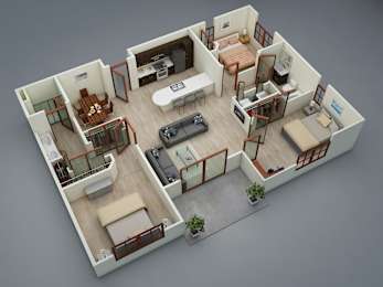 A 3D rendered image of a modern apartment layout.