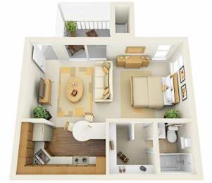 a bedroom with a bathroom and a living room