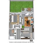 A floor plan of a house with a kitchen, living room, and two bedrooms.
