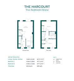 A floor plan for a two bedroom house is displayed with dimensions and key.
