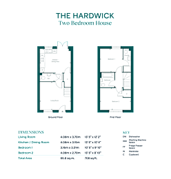A floor plan for a two bedroom house is displayed with dimensions and key.