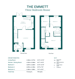 A floor plan for The Emmett, a three bedroom house split over two floors..