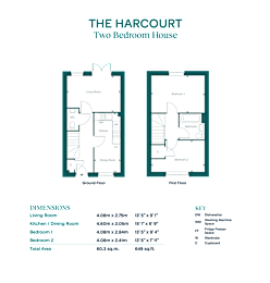A floor plan for a two bedroom house called The Harcourt.