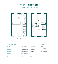 A floor plan for a four bedroom house is displayed with the living room, family room, and bathrooms on the first floor, and the bedrooms on the second floor.