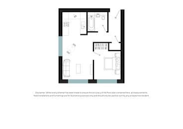 A floor plan of a house with a kitchen, living room, and two bedrooms.