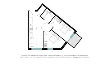 A floor plan of a house with a kitchen, living room, and two bedrooms.