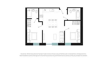 A floor plan of a house with a kitchen, living room, and two bedrooms.