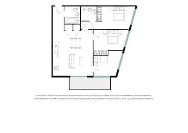 A floor plan of a house with a kitchen, living room, dining room, and two bedrooms.