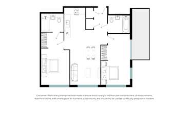 A floor plan of a house with a kitchen, living room, and two bedrooms.