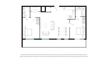 A floor plan of a house with a kitchen, living room, and bathrooms.