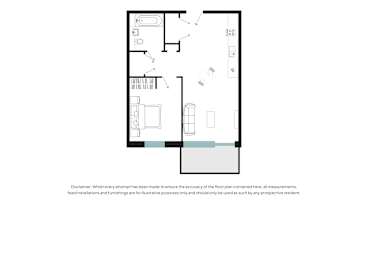 A floor plan of a room with furniture and measurements.